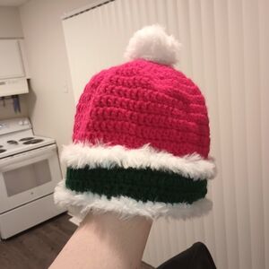 Stylish Pink and Green Knit Hat with Pom Pom